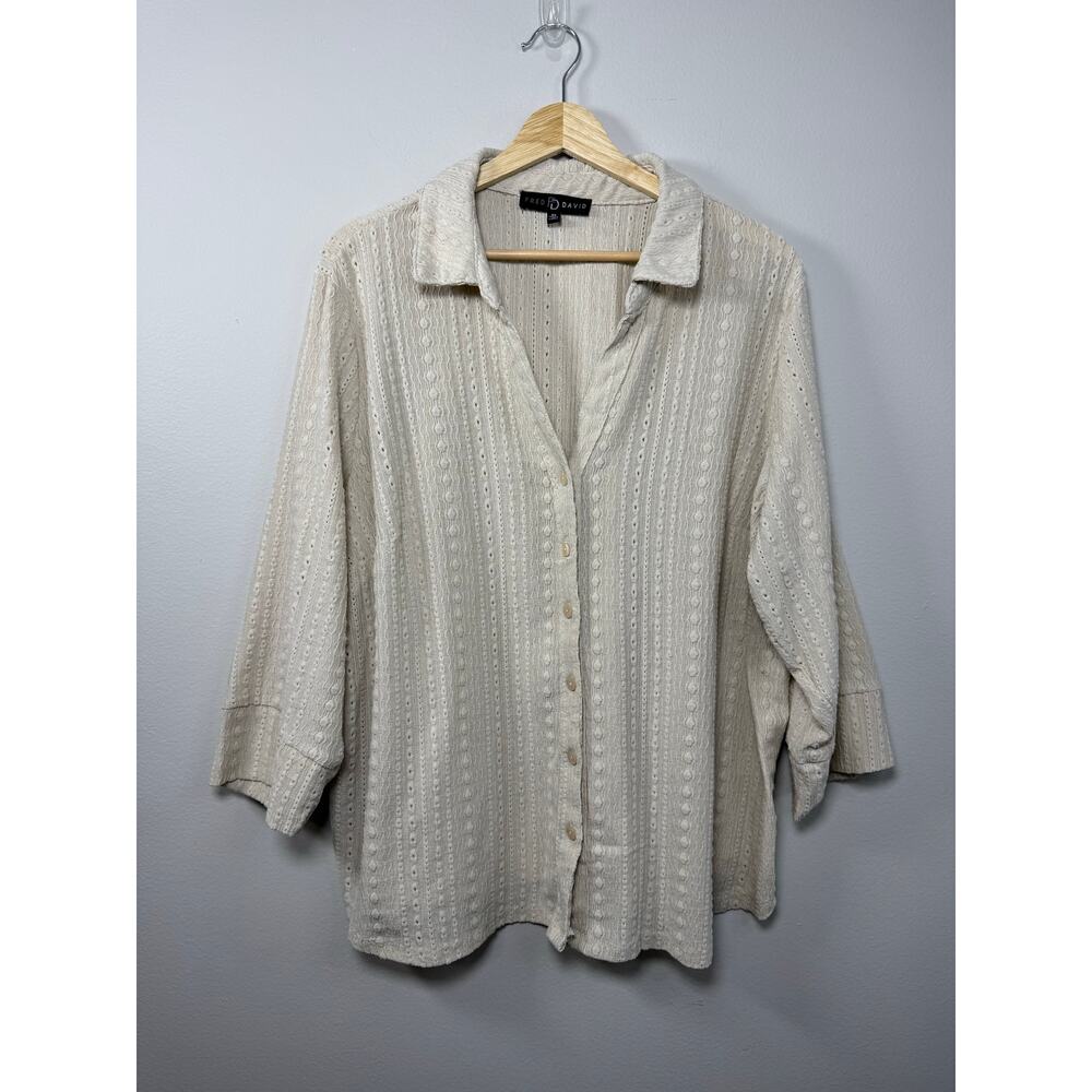 Fred David Women's Button Down Blouse Size 2X Tan Eyelet Boho Neutral Spring